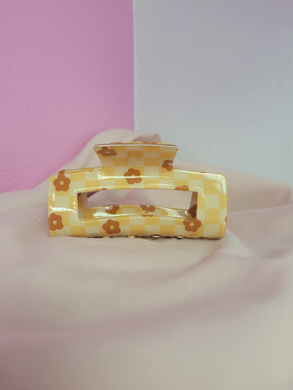 Orange Floral Checkered Clawclip