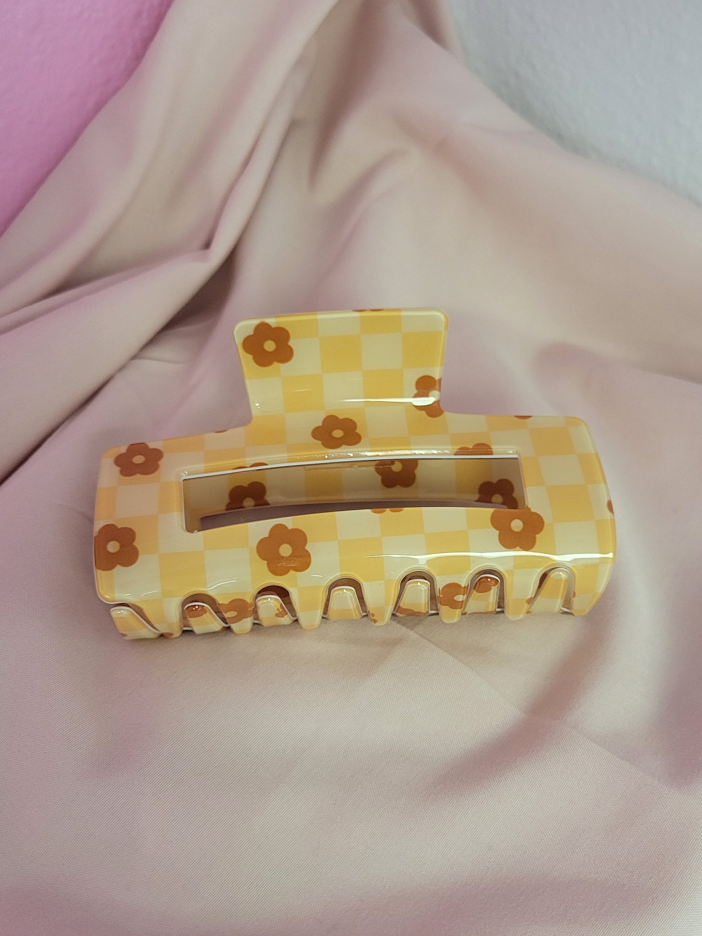 Orange Floral Checkered Clawclip