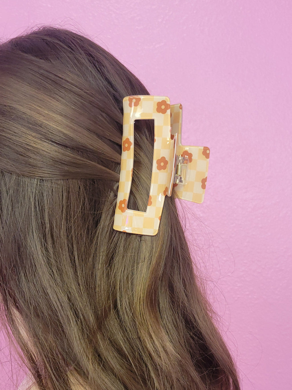 Orange Floral Checkered Clawclip
