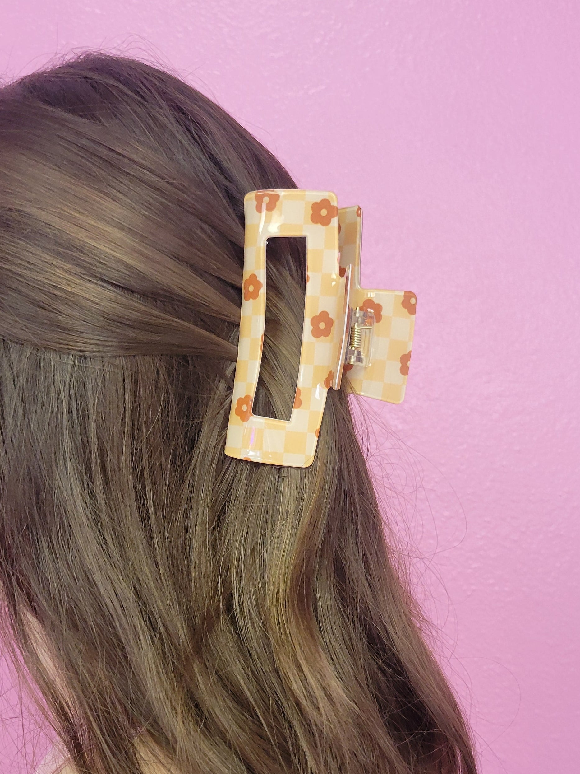 Orange Floral Checkered Clawclip