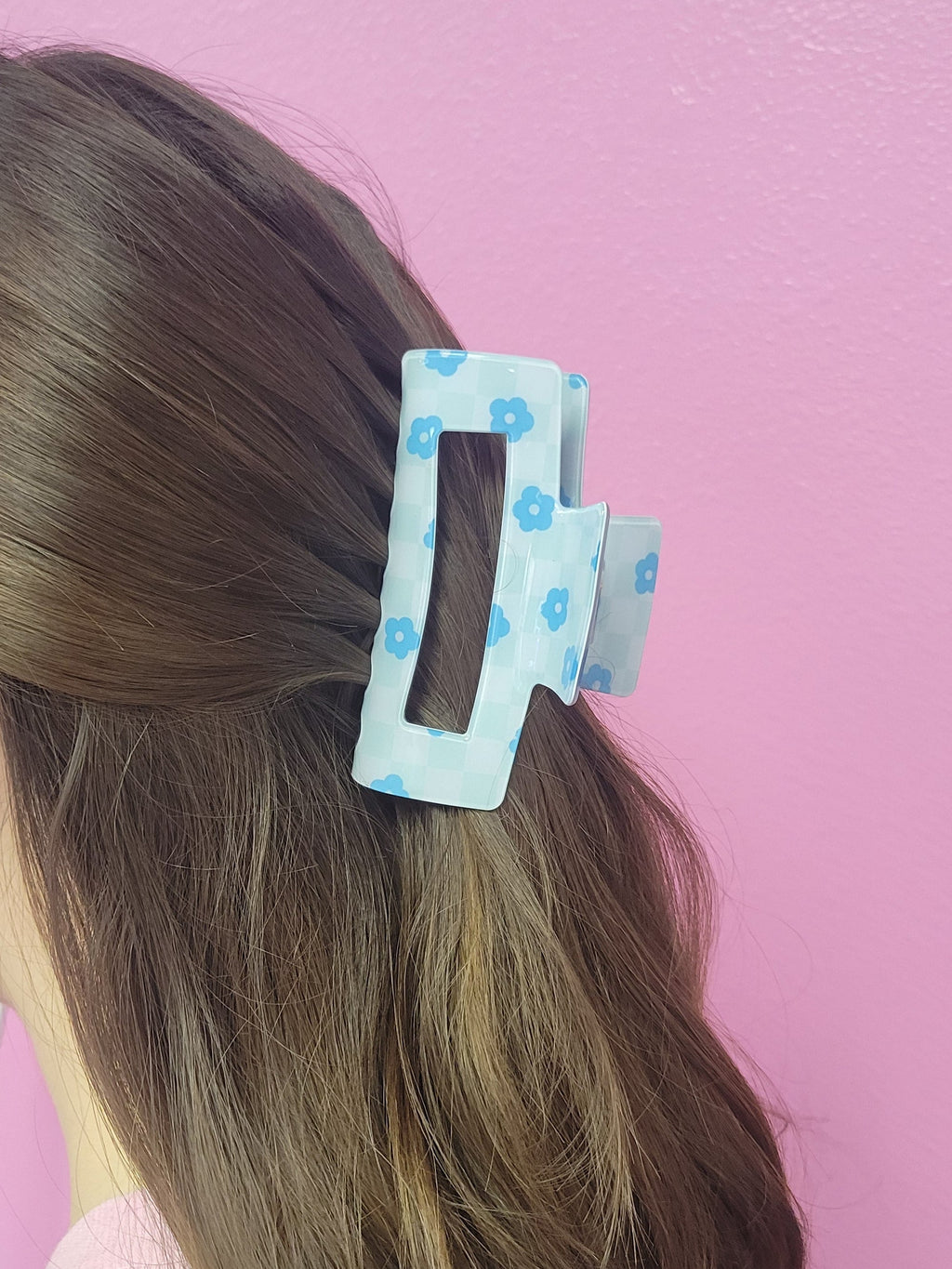 Blue Floral Checkered Clawclip