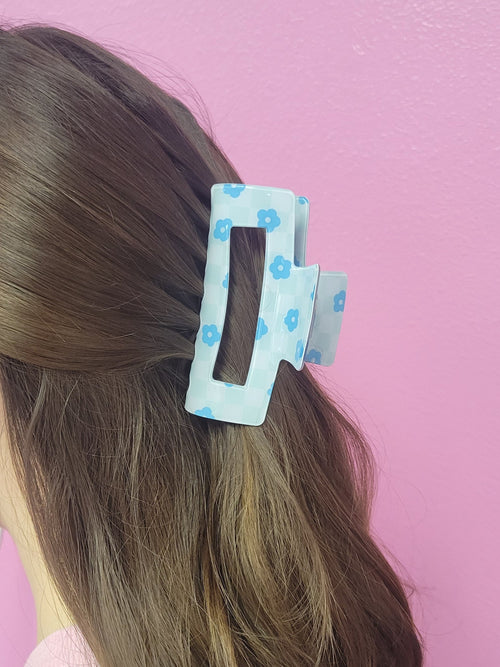 Blue Floral Checkered Clawclip