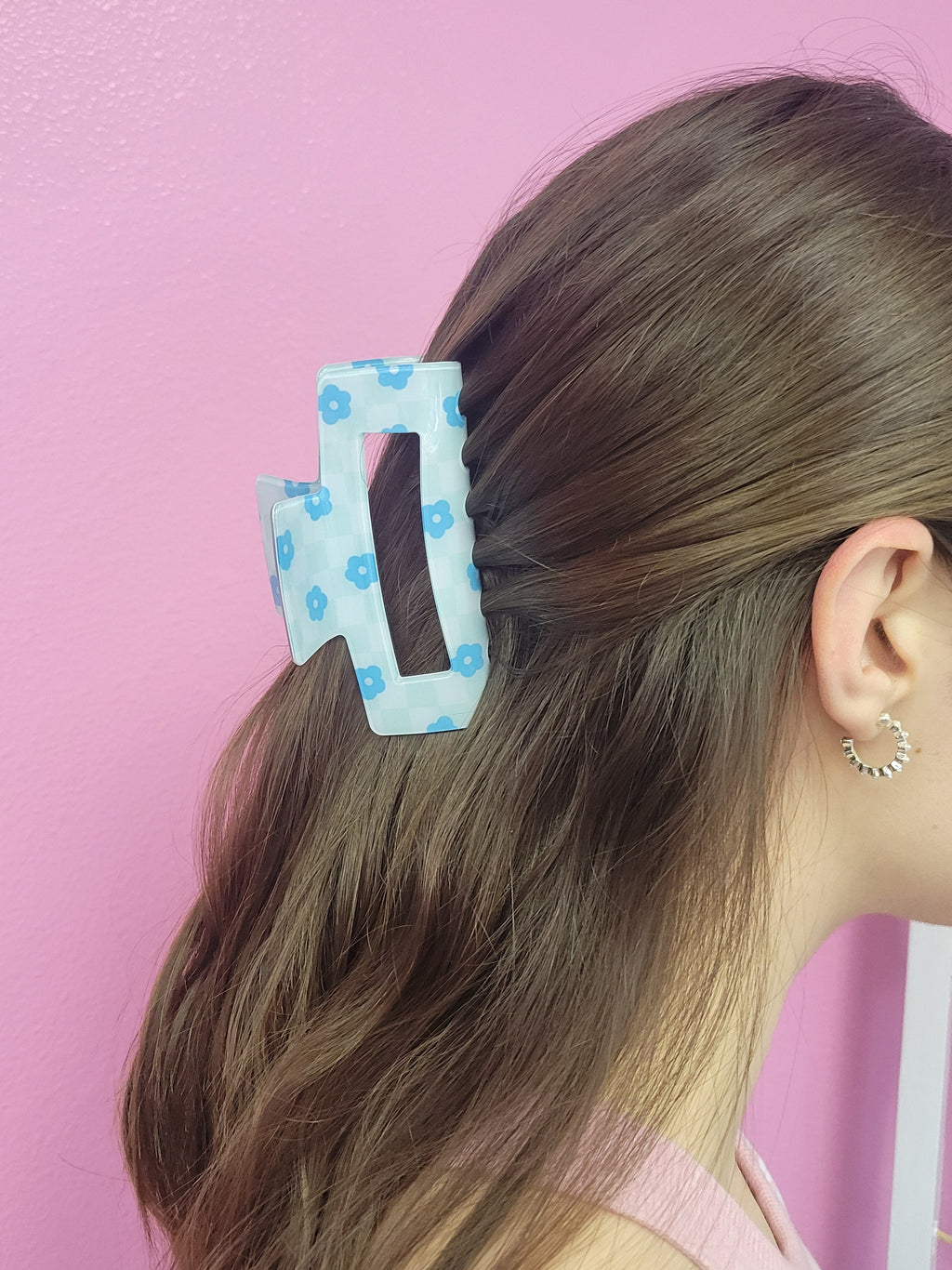 Blue Floral Checkered Clawclip